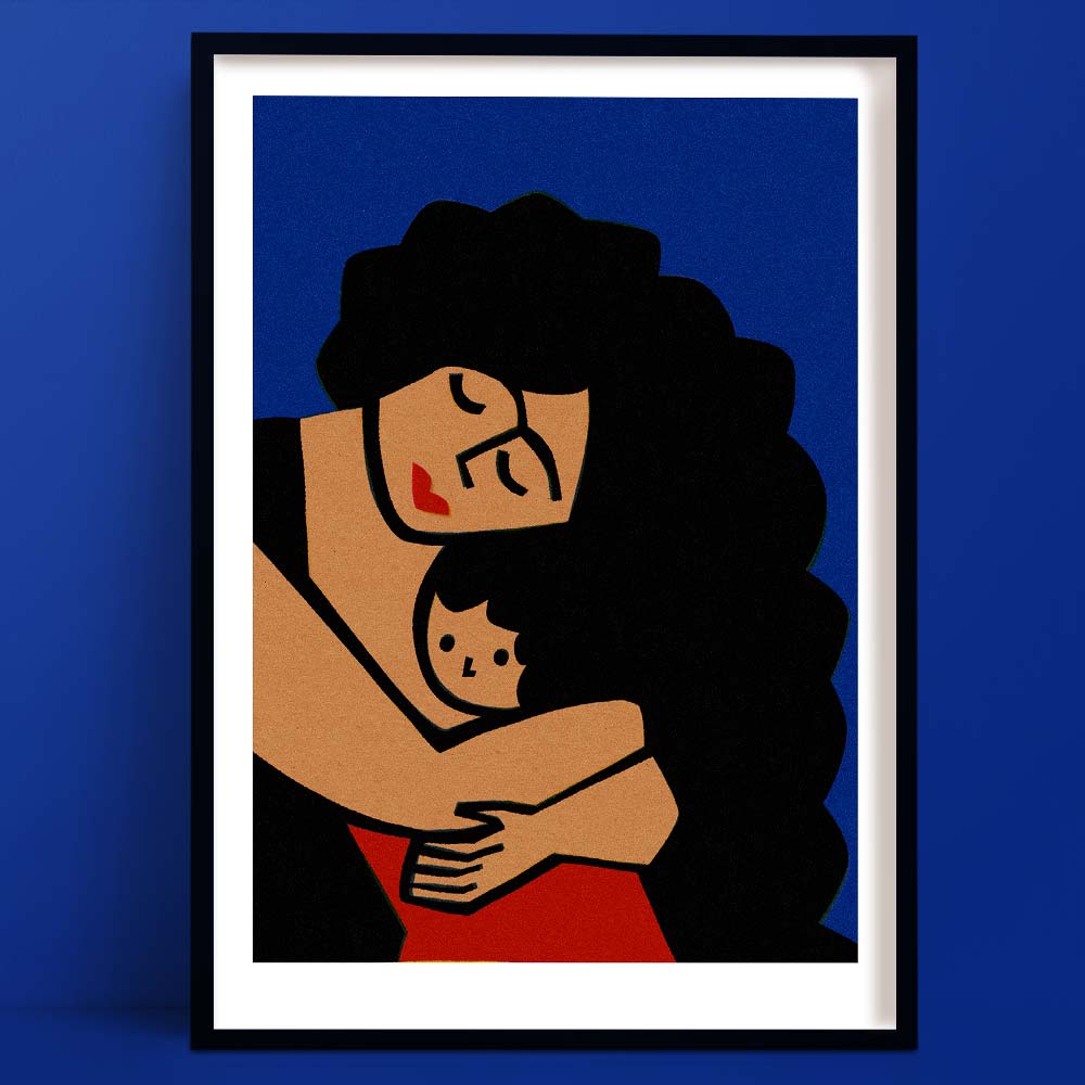 A bold and tender illustration of a mother embracing her child, featuring rich black curls, closed eyes, and warm terracotta tones set against a deep blue backdrop.
