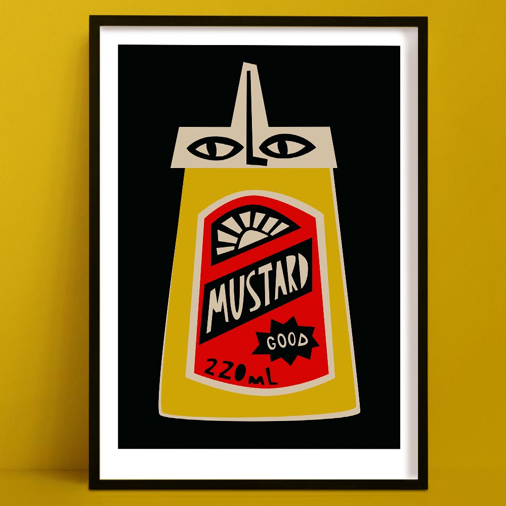 Mustard art print featuring a graphic yellow bottle with stylised face and bold black background, framed on yellow wall.
