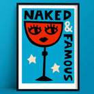 Bold and playful illustration of a Naked & Famous cocktail, featuring a vivid red glass with a stylised face and dramatic lashes, set against a rich blue background.
