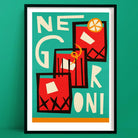 Graphic cocktail art print spelling out ‘Negroni’ in stacked red-orange tumblers with garnish details.