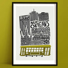 A playful black and white line illustration of New Orleans’ skyline, crowned with a classic olive green streetcar, evoking the city’s soulful rhythm.