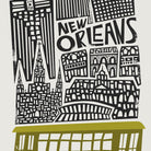 A close-up showcasing the stylised architecture and ornate lettering of “New Orleans,” sitting above the city’s iconic vintage streetcar in olive green.