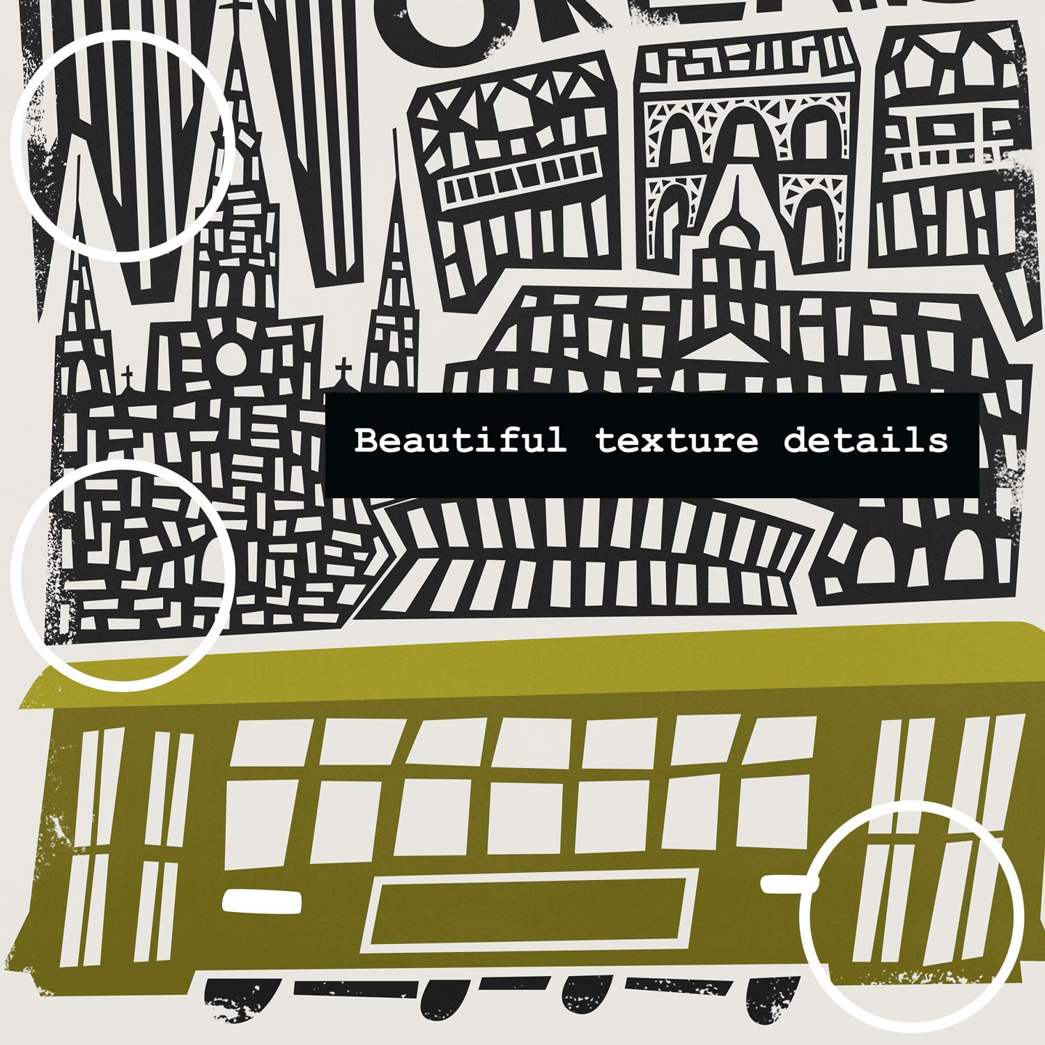 A close-up showcasing the stylised architecture and ornate lettering of “New Orleans,” sitting above the city’s iconic vintage streetcar in olive green.
