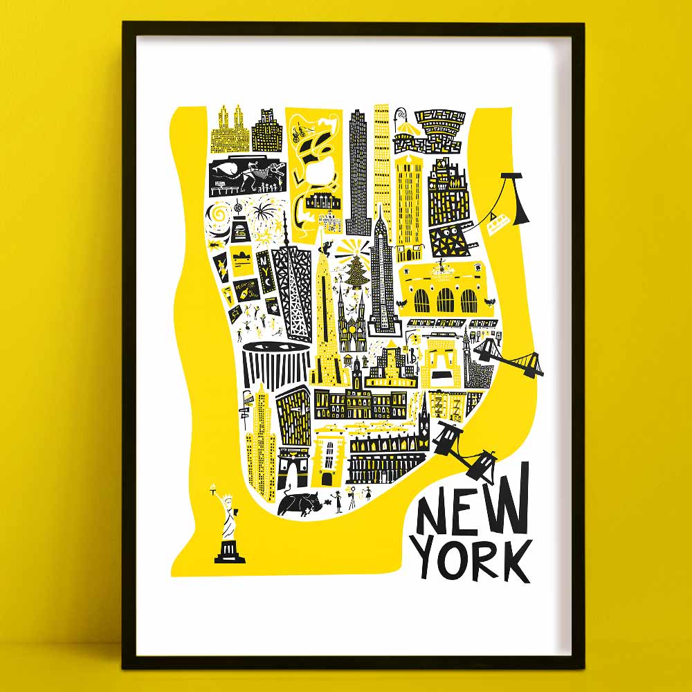 Illustrated art print of Manhattan in a bold yellow silhouette, featuring iconic buildings and landmarks, drawn in a lively hand-cut style with crisp black lines.