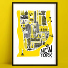 Illustrated art print of Manhattan in a bold yellow silhouette, featuring iconic buildings and landmarks, drawn in a lively hand-cut style with crisp black lines.