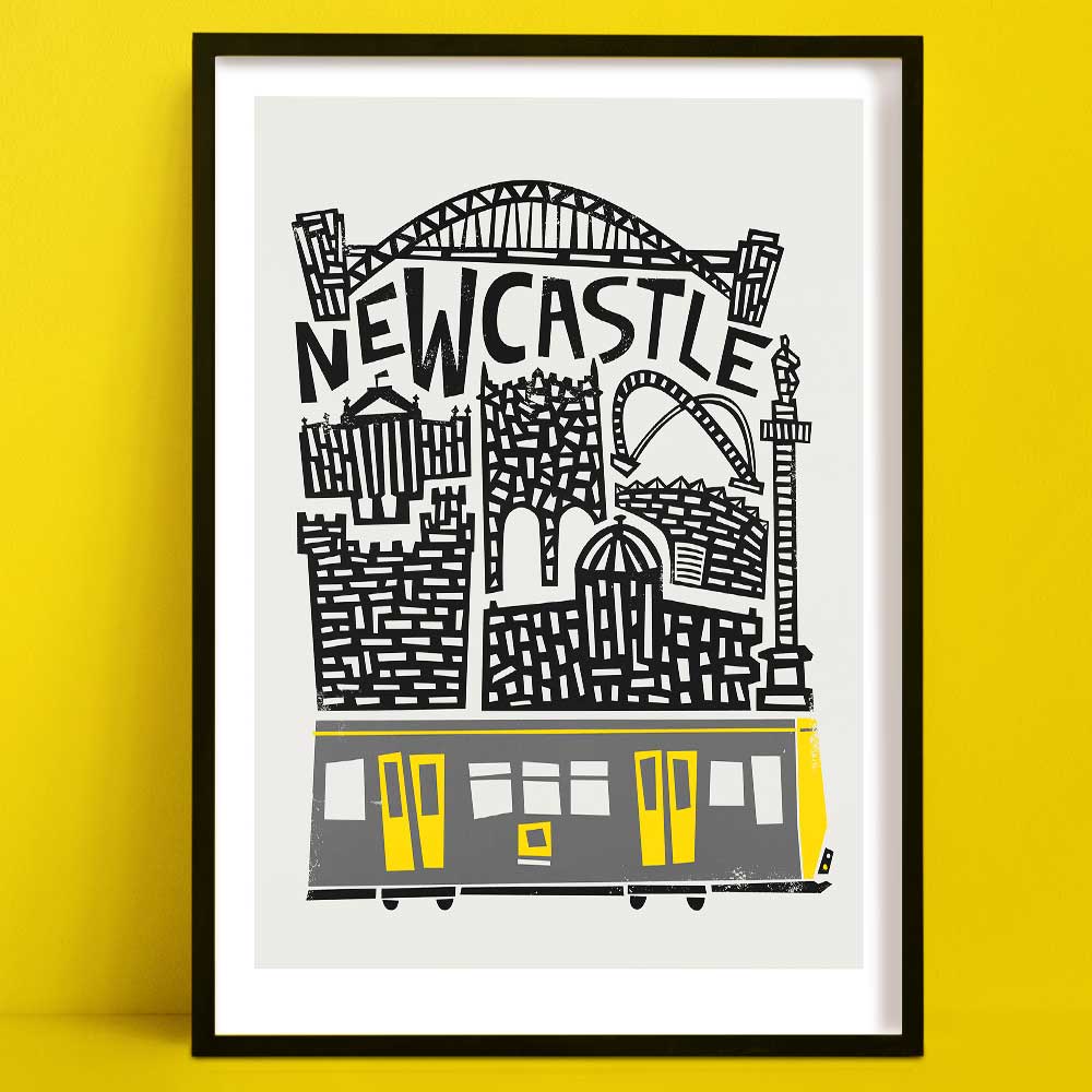 Hand-illustrated Newcastle city print showcasing local landmarks like the Tyne Bridge and Grey’s Monument, with a bold yellow-and-black Metro train at the base.