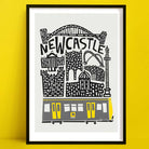 Hand-illustrated Newcastle city print showcasing local landmarks like the Tyne Bridge and Grey’s Monument, with a bold yellow-and-black Metro train at the base.