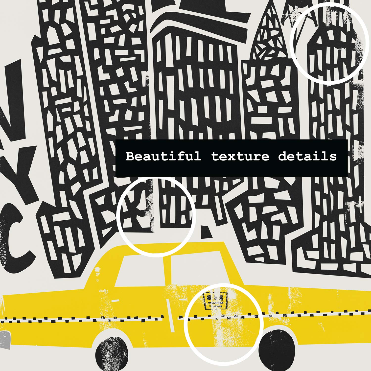 Close-up of the NYC print showing intricate building patterns and the yellow taxi nestled beneath the Statue of Liberty and Empire State Building.