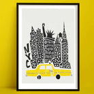 A bold black-and-white illustration of New York City skyscrapers with a striking yellow taxi in the foreground, blending iconic imagery with playful charm.

