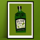 Olive oil art print featuring stylised green bottle with bold face and modern typography, framed on green wall