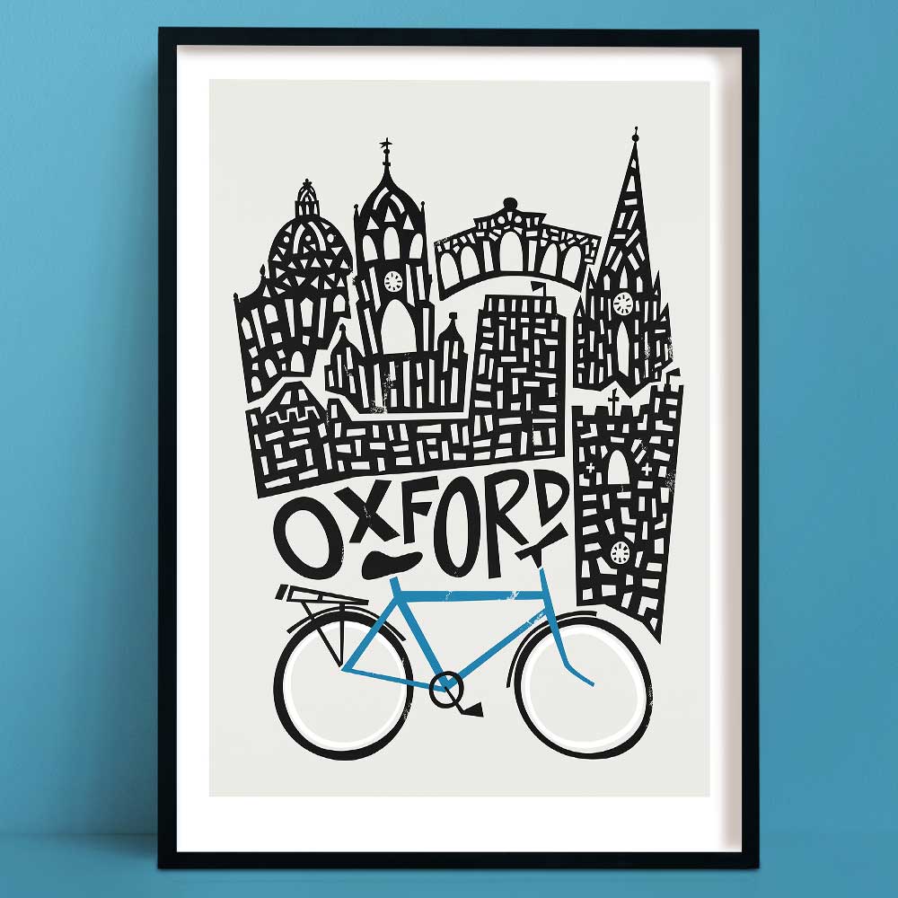 A monochrome illustration of Oxford’s iconic skyline, featuring a hand-drawn bicycle in blue, symbolising the city’s academic spirit and beloved cycling culture.