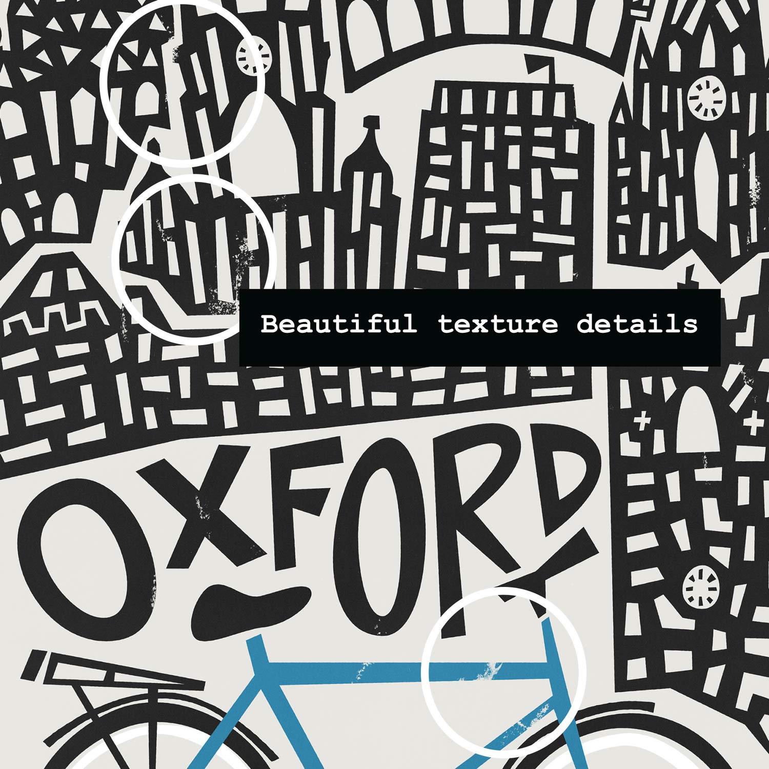 Close-up of the Oxford city print, showing the intricate rooflines of historic colleges and the distinctive typography nestled above a charming bicycle motif.