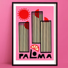 A bold and vibrant Paloma cocktail art print featuring geometric high-rises in cream and black, set against a candy pink background with sun and citrus accents.

