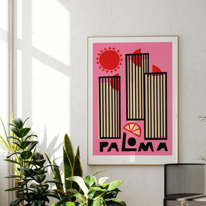 Paloma cocktail art print on kitchen gallery wall with citrus styling
