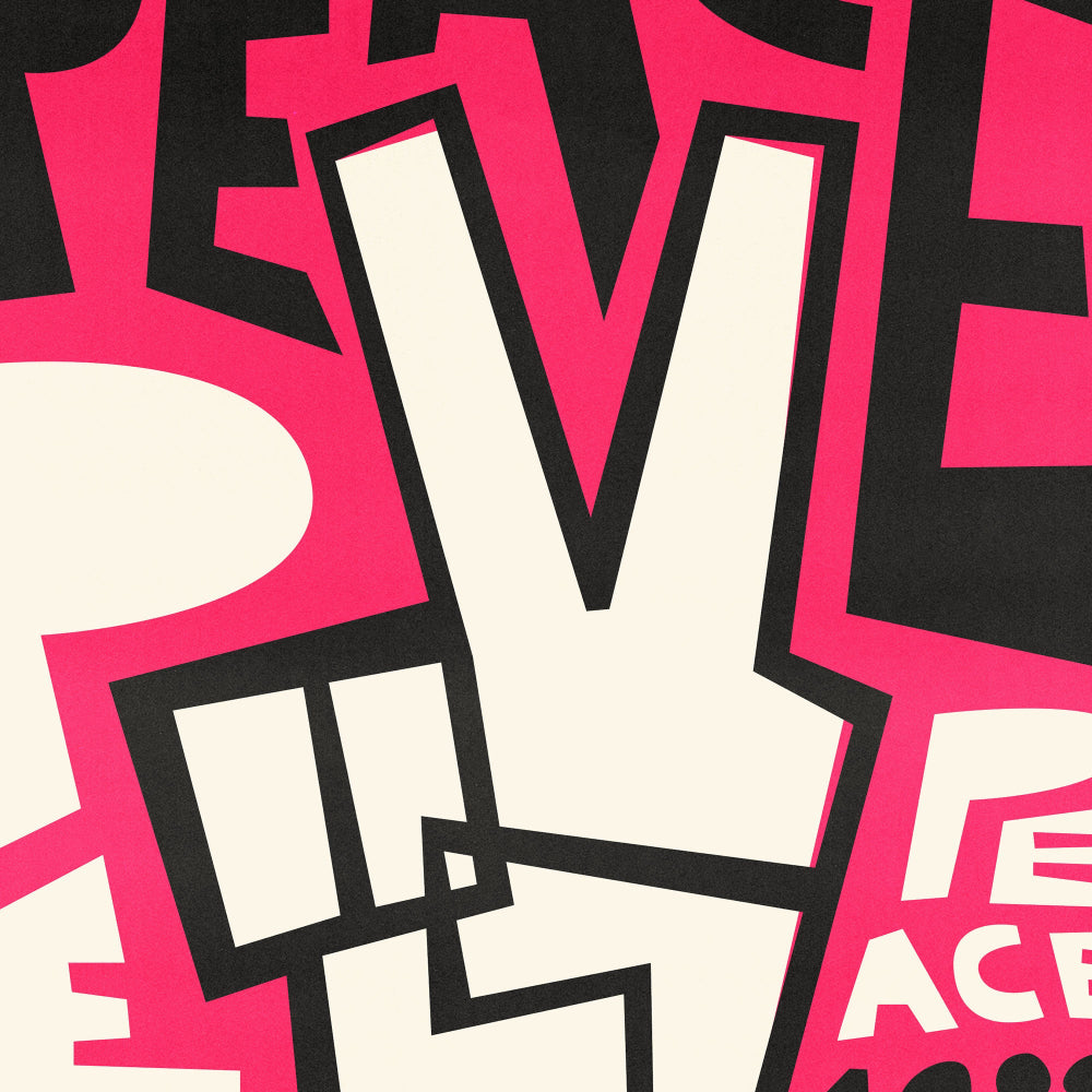 Close-crop of ‘PEACE’ lettering in hot-pink mid-century style on cream background