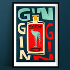 Bold mid-century style gin bottle artwork featuring a turquoise peacock motif.