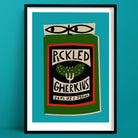 Pickled Gherkins art print with green jar, hand-drawn label and stylised black eyes, framed on teal wall.
