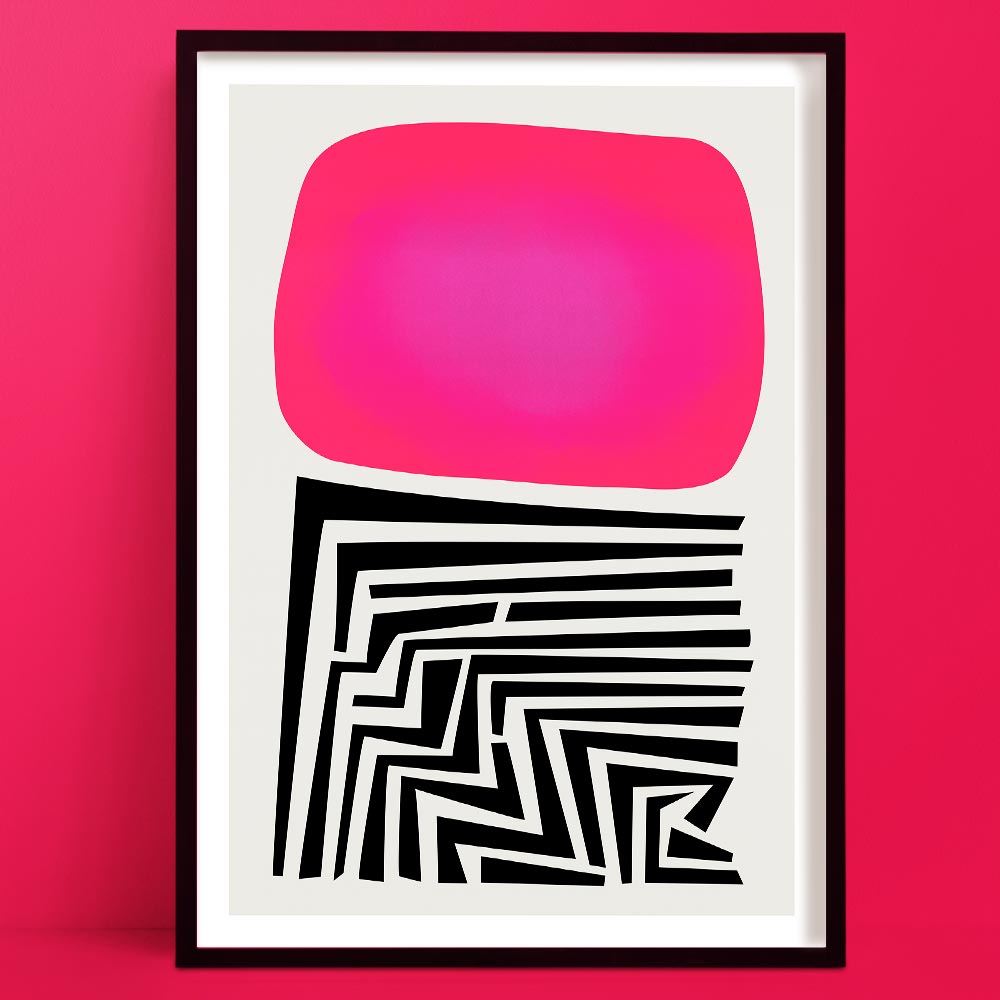 Vibrant pink and black abstract print with maze-like labyrinth lines and soft edges, framed against a pink wall.