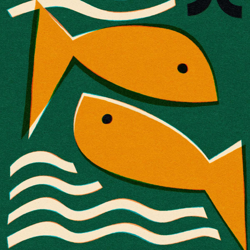 Close-up of the Pisces zodiac print showing two stylised fish with gentle curves and flowing water lines.