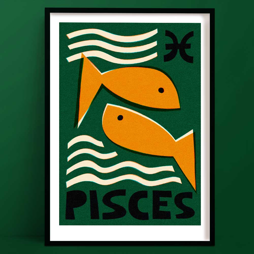 Pisces zodiac art print featuring two golden fish swimming in opposite directions with wave lines and the Pisces symbol, framed on a green wall.