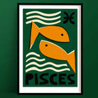 Pisces zodiac art print featuring two golden fish swimming in opposite directions with wave lines and the Pisces symbol, framed on a green wall.