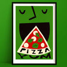 Pizza-themed art print featuring a graphic slice with tomato, basil, and mushroom toppings entering a smiling mouth.