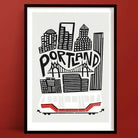 A bold, black and white illustration of Portland’s skyline featuring iconic high-rises and the St. Johns Bridge, with a red and white streetcar below.