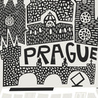 Close-up view of the Prague illustration highlighting intricate architectural linework of Charles Bridge and spires, paired with a stylised tram below.