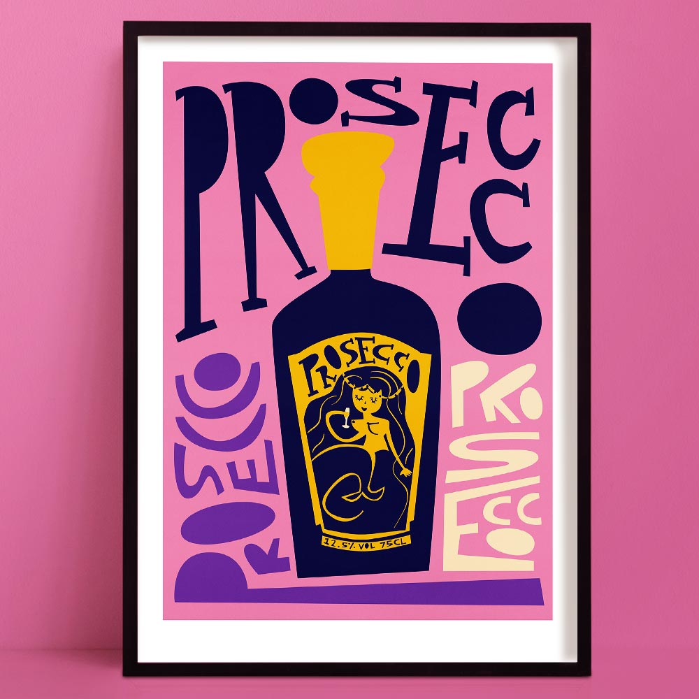 Bold prosecco-themed art print featuring playful type and a curvy figure, framed against a pink wall.