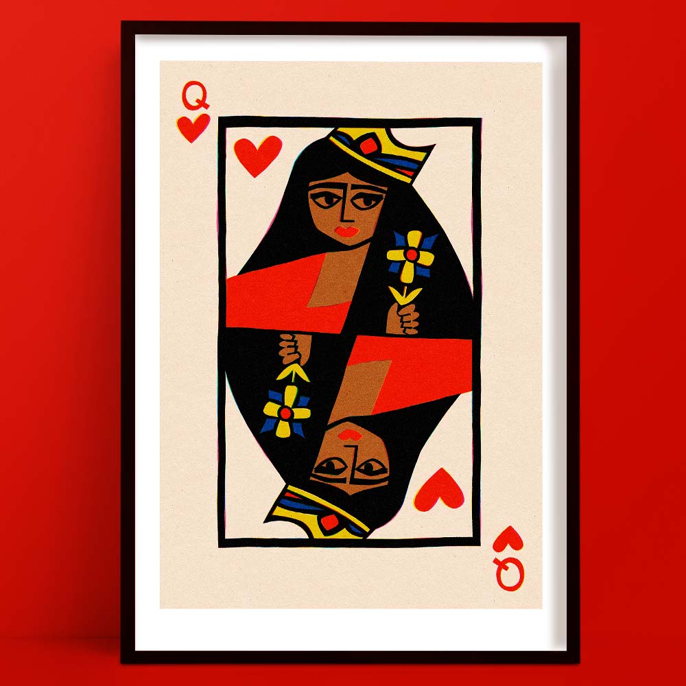 Bold Queen of Hearts art print in mid-century playing card style, framed on red wall