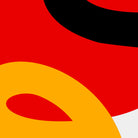 Close-up of curving black linework and bold yellow shape on red background