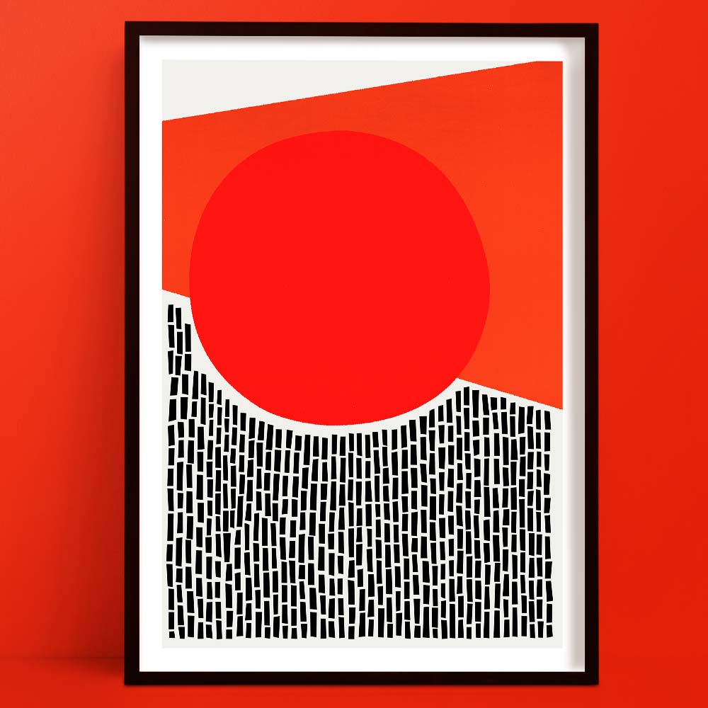A minimalist art print featuring a large, vibrant red circle cutting into a backdrop of abstract black-and-white tile-like strokes, evoking sunrise over cityscape.
