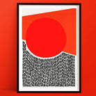 A minimalist art print featuring a large, vibrant red circle cutting into a backdrop of abstract black-and-white tile-like strokes, evoking sunrise over cityscape.

