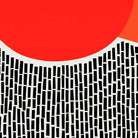A close-up detail of the red circle abstract artwork showing the crisp contrast between the deep orange curve and the fine-lined black pattern beneath it.