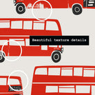 Detailed view of a classic Routemaster with striped stair entry and route signage, revealing the hand-drawn texture and screenprint-inspired style of the design.
