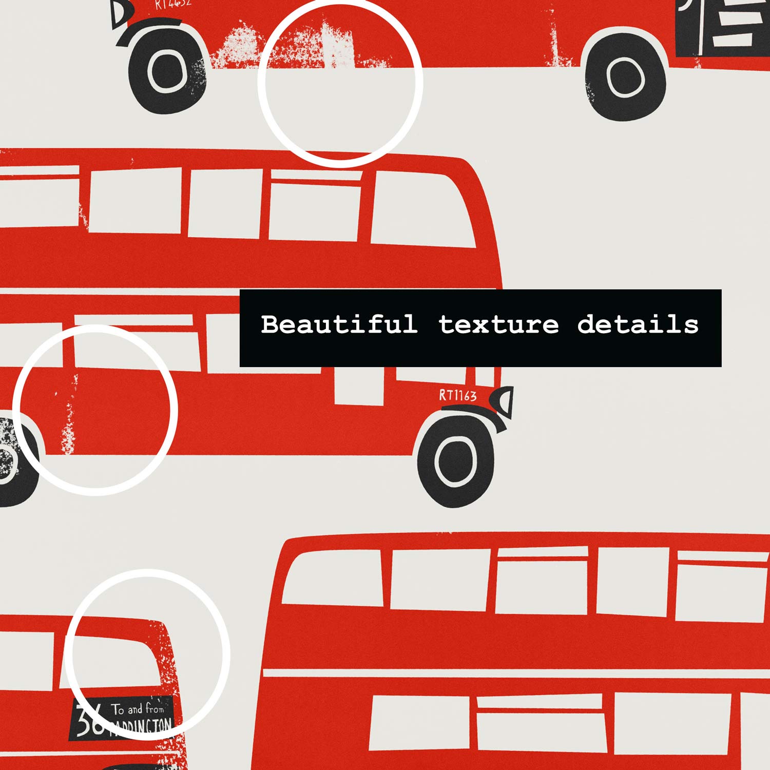 Detailed view of a classic Routemaster with striped stair entry and route signage, revealing the hand-drawn texture and screenprint-inspired style of the design.