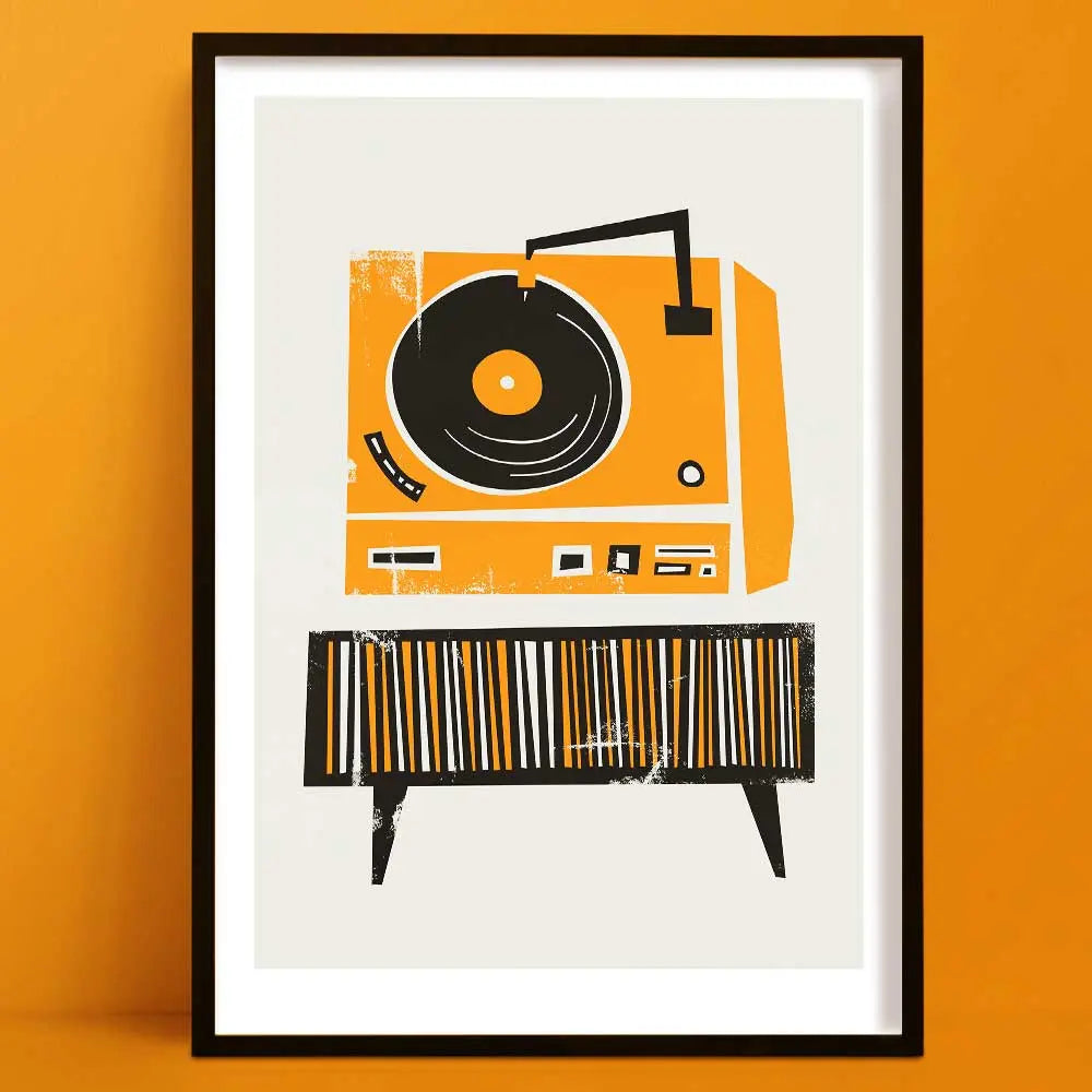 Mid-century inspired illustration of a classic orange record player above a stylised black vinyl storage cabinet, set against a neutral background in a black frame.
