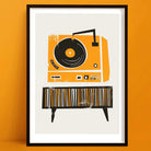Mid-century inspired illustration of a classic orange record player above a stylised black vinyl storage cabinet, set against a neutral background in a black frame.
