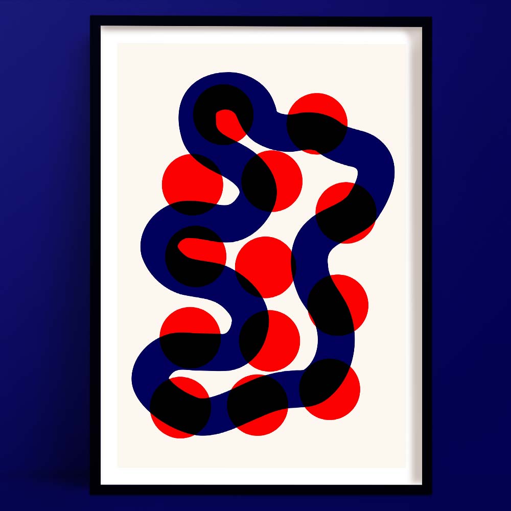A striking abstract art print titled “River Walk” featuring deep navy blue serpentine curves weaving through bold crimson red circles on a warm white background.
