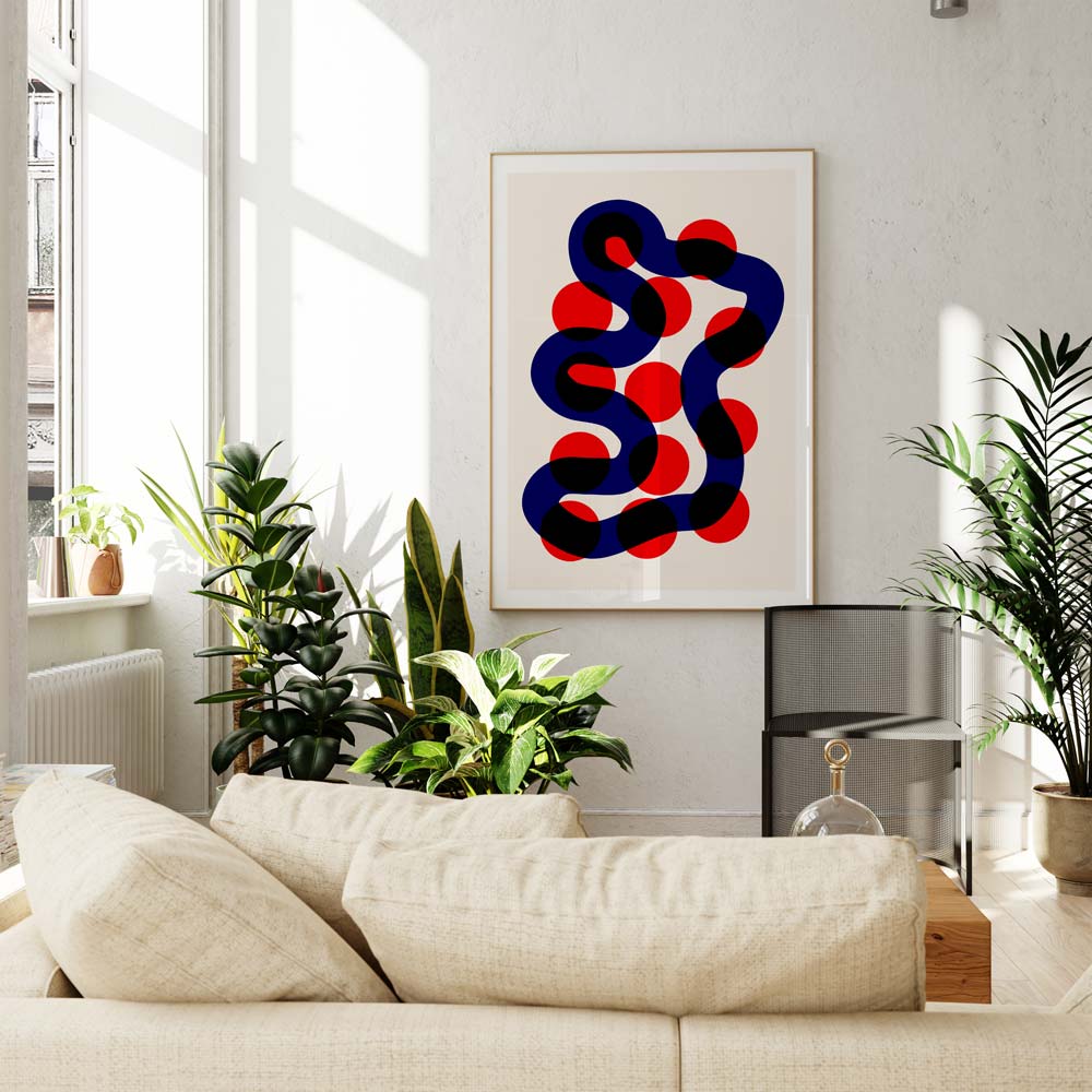 The River Walk print displayed in a soft-toned, modern living room; its rhythmic, looping composition injects a playful energy into the calming interior palette.
