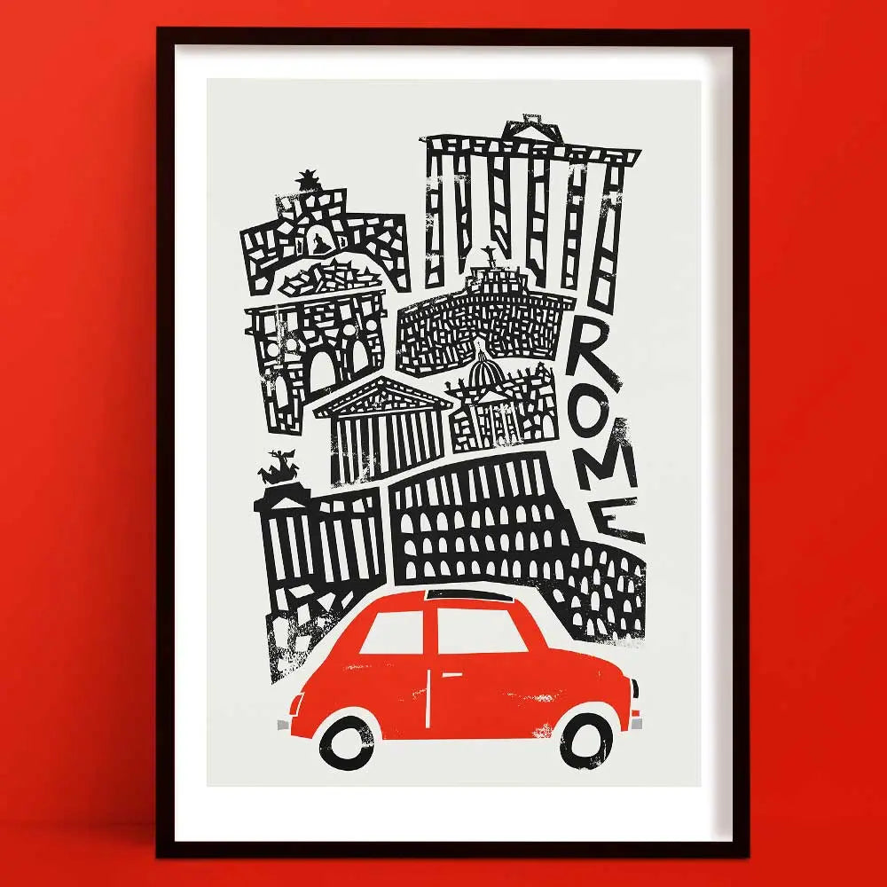 Bold black-and-white illustration of Rome’s iconic architecture, from the Pantheon to the Colosseum, grounded by a bright red vintage car on a white backdrop.
