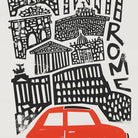 Close-up view of the Rome print focusing on the vivid red retro car and detailed linework of ancient Roman buildings and columns.
