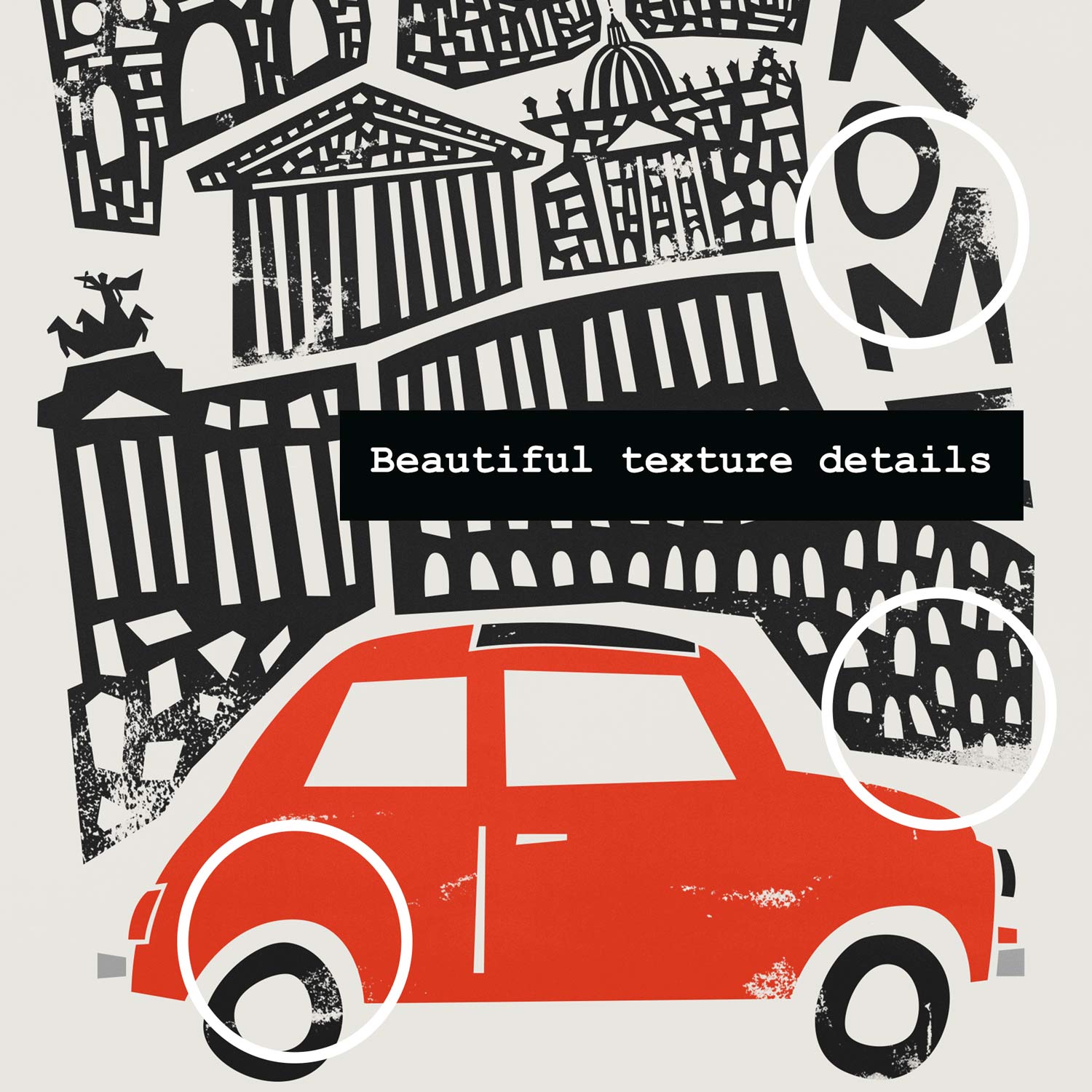 Close-up view of the Rome print focusing on the vivid red retro car and detailed linework of ancient Roman buildings and columns.