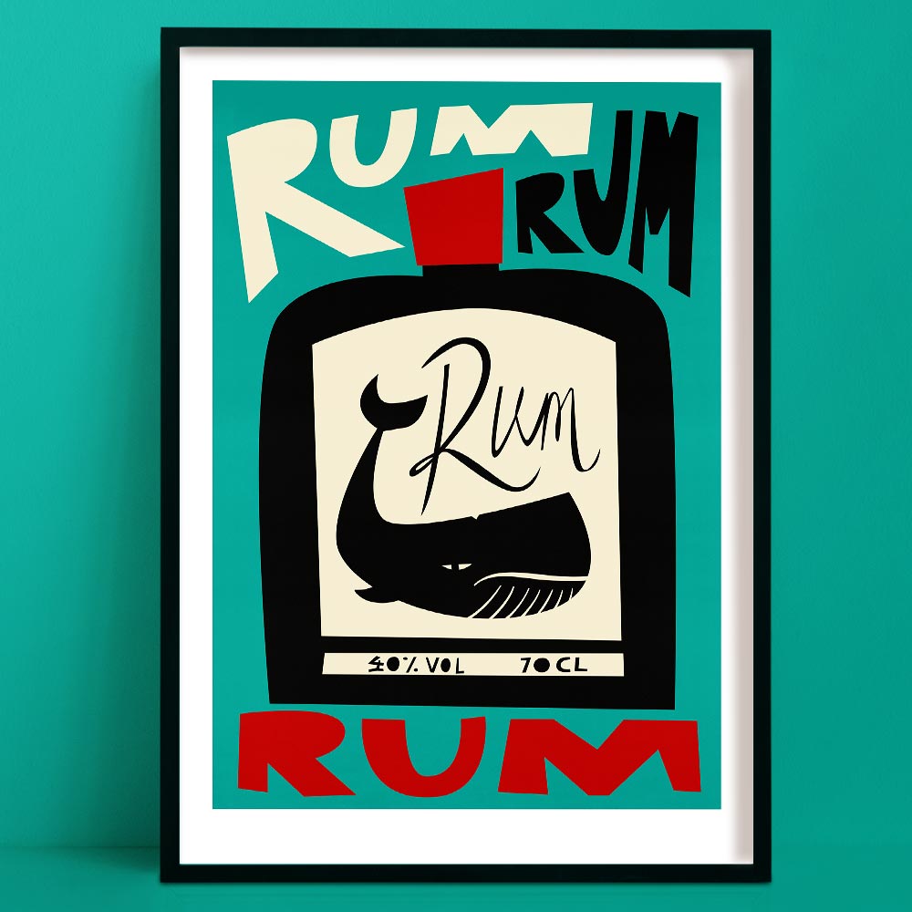 Bold typographic rum print featuring a stylised whale bottle design framed against a teal backdrop.