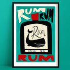Bold typographic rum print featuring a stylised whale bottle design framed against a teal backdrop.