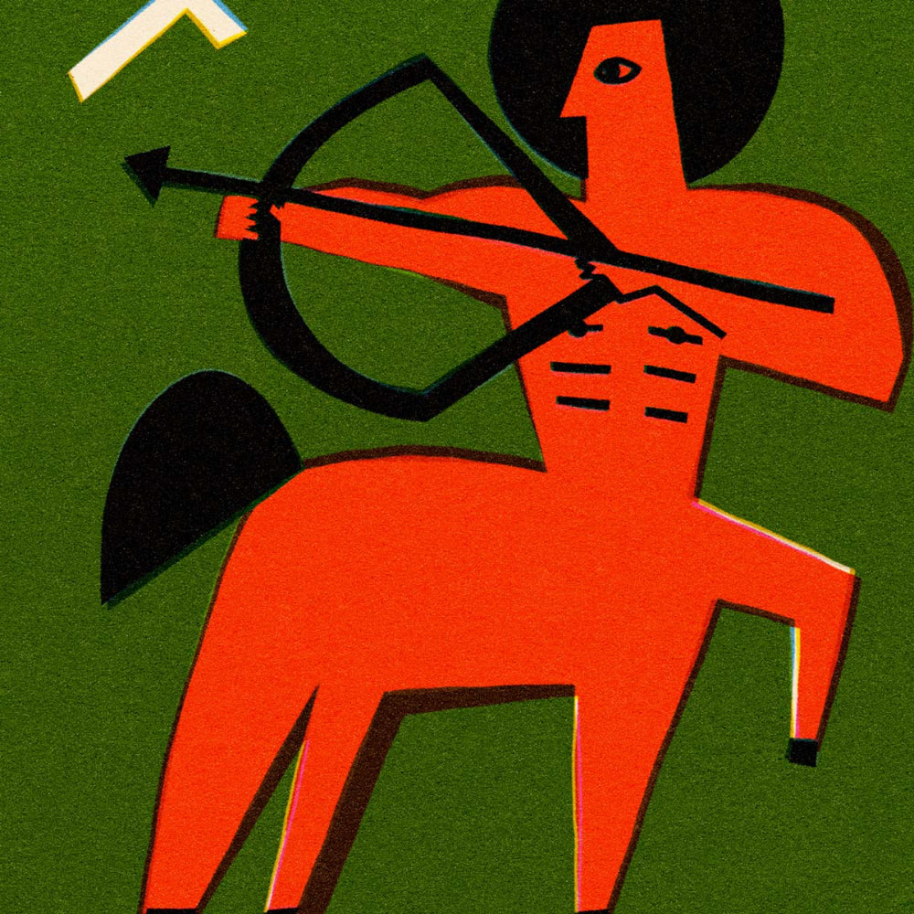 Close-up of the Sagittarius centaur pulling back a bow, with stylised muscles and white arrow symbol.