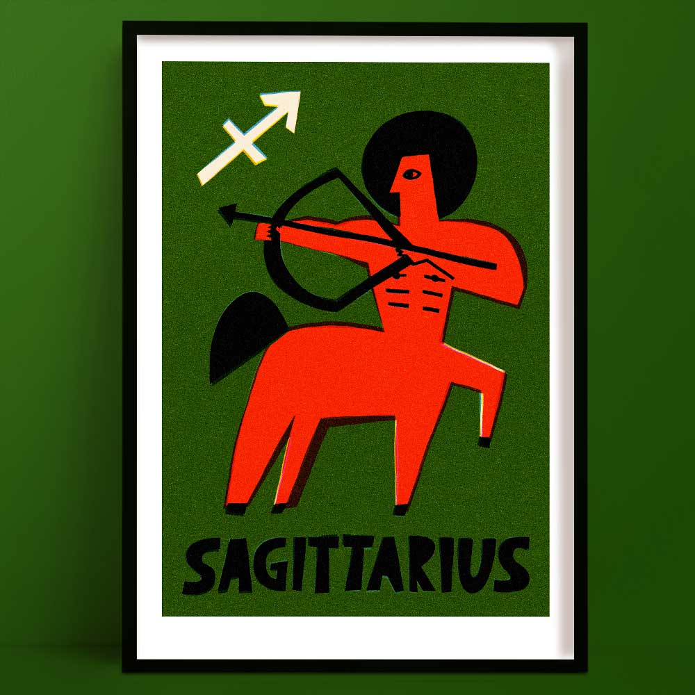 Sagittarius zodiac art print featuring a red centaur archer and white zodiac symbol, framed on deep green background.