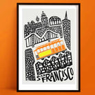 A striking black-and-white line illustration of San Francisco’s iconic architecture, crowned by a vivid orange and yellow tram, with bold “San Francisco” text anchoring the base.
