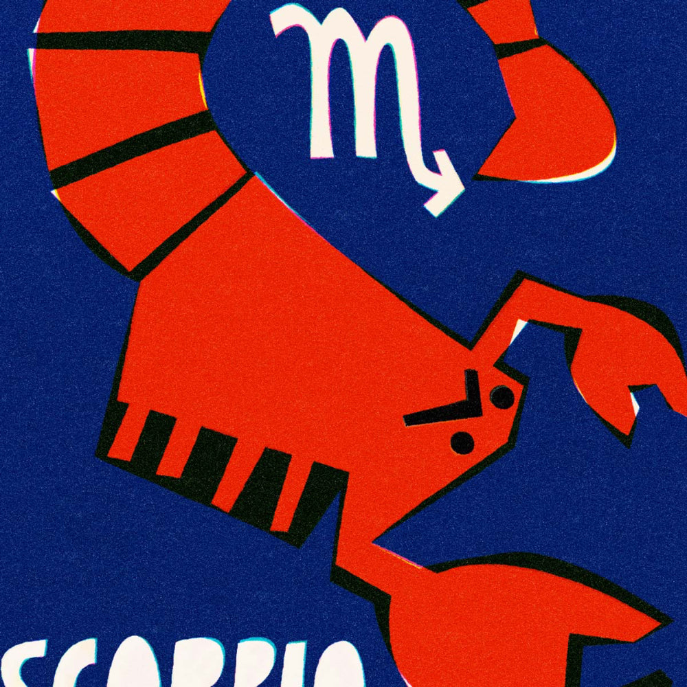 Close-up of Scorpio artwork showing red segmented tail, pincers, and the Scorpio symbol in white.