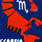 Close-up of Scorpio artwork showing red segmented tail, pincers, and the Scorpio symbol in white.